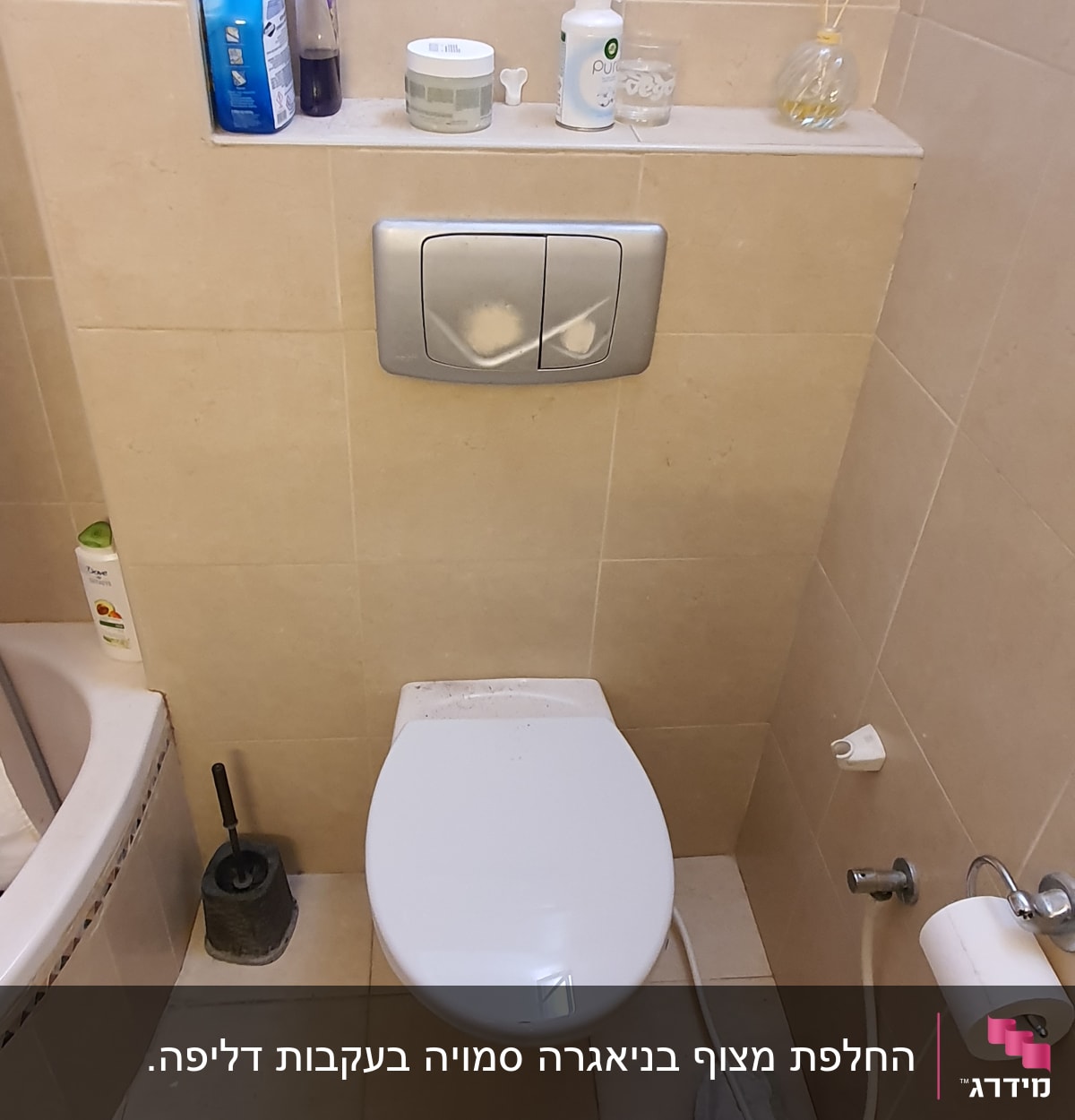 אסלה עם מברשת ניקוי ומיכל הדחה כפול